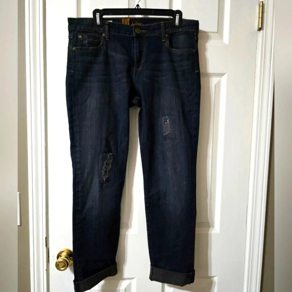 KUT FTK Katy Boyfriend Straight Leg Jeans, Destructed, Studded Patchwork, EUC!